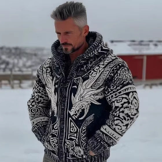 Men's Zippered Dual Pocket Casual Printed Hoodie