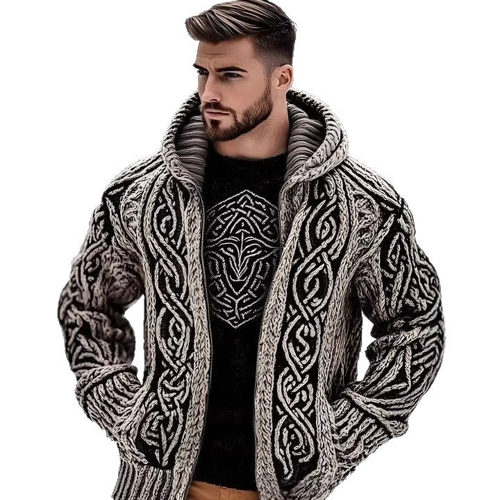 Men's Zippered Dual Pocket Casual Printed Hoodie