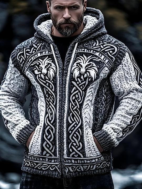 Men's Zippered Dual Pocket Casual Printed Hoodie