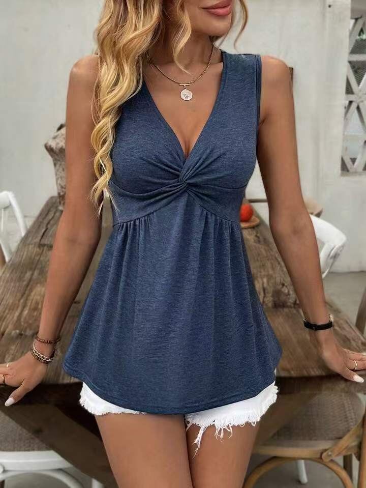 Sleeveless V-neck Design With A Twisted Ruched Waist-cinching Detail On The Back