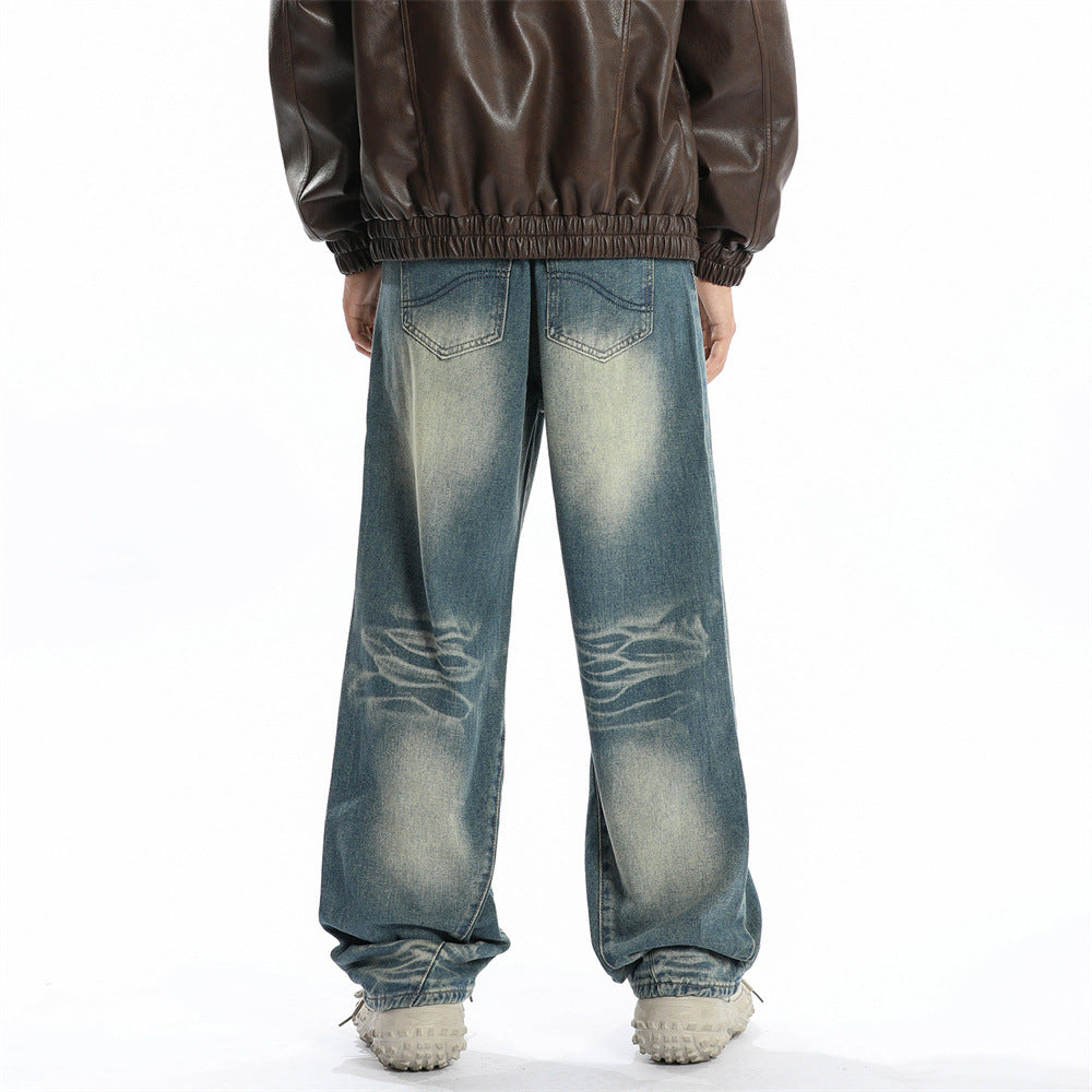 Washed Denim Loose Trousers For Men